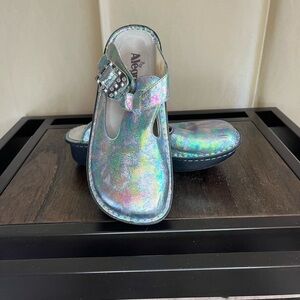 Alegria Blue Mules with Holographic Finish